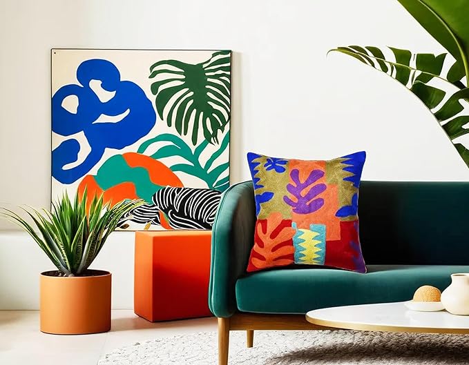 Matisse Decorative Pillow Cover Cutouts Hand Embroidered Abstract Toss Pillows Farmhouse Chair Cushion Contemporary Pillowsham Mid-Century Chair Cushions Wool Size 18x18