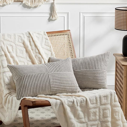 Fancy Homi 2 Packs Neutral Grey Lumbar Decorative Throw Pillow Covers 12x20 Inch for Living Room Couch Bed Sofa, Farmhouse Home Decor, Soft Striped Corduroy Rectangle Accent Cushion Case 30x50 cm