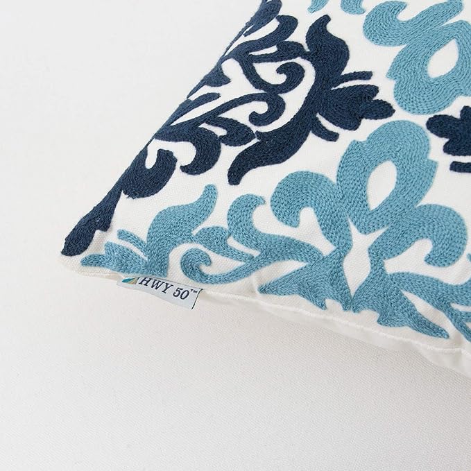 HWY 50 Blue Decorative Throw Pillow Covers 18x18 Inch (1 Piece), Embroidered Cotton Farmhouse Cushion Cover Pillow Case for Sofa Couch Living Room Bed Bedroon, Floral Geometric