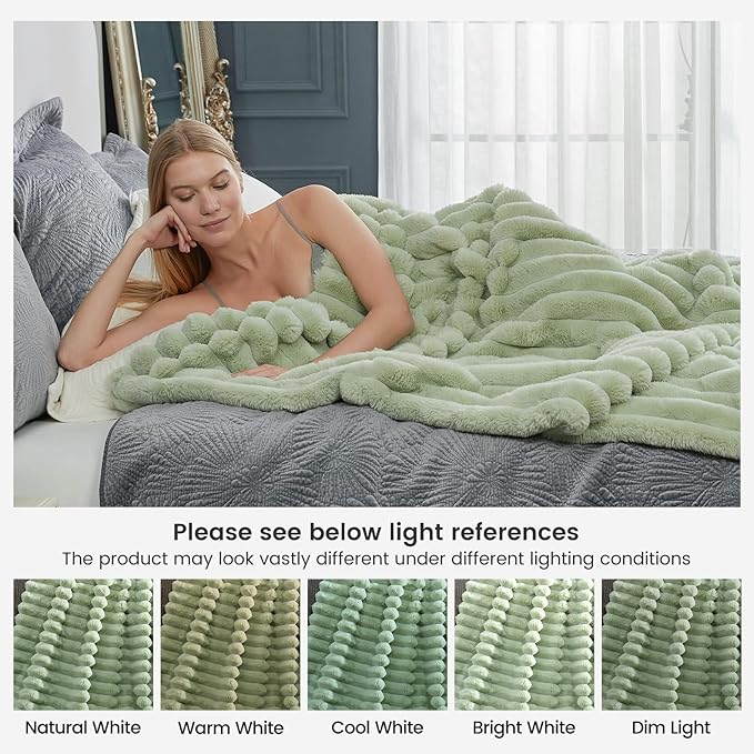 Cozy Bliss Faux Fur Throw Blanket for Couch, Cozy Warm Plush Striped Blanket for Sofa Bedroom Living Room, 60 * 80 Inches Sage Green