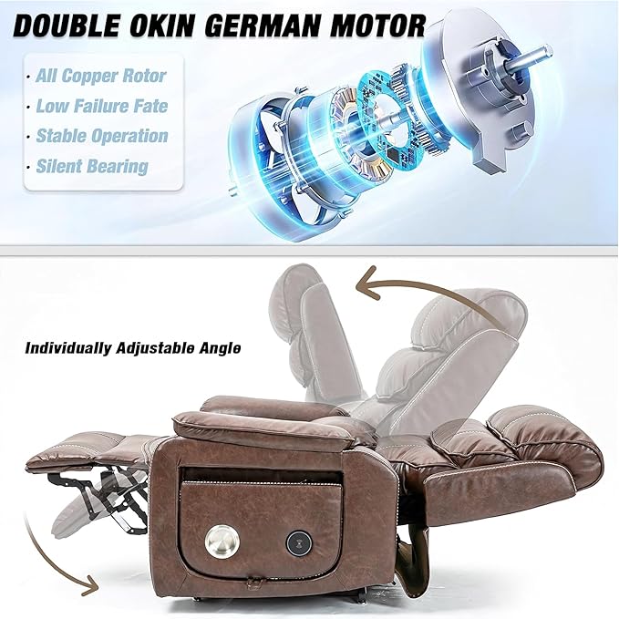 Lazy Boy Recliner Chair with Heating, Power Lift Recliner Chair for Elderly with Folding Tablet, Lay Flat Recliner with Dual Motor Adjustable Backrest and Leg Rests, Leather Brown1, RXX-028