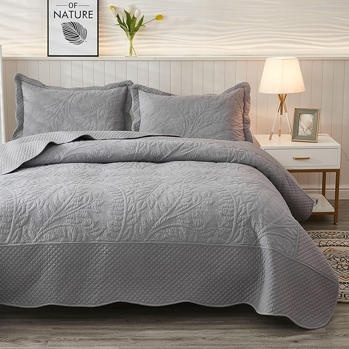 MarCielo 3-Piece 100% Cotton Oversized Bedspread Lightweight Quilt Coverlet Embroidery Farmhouse Bedding Set T0 (Light Grey, Oversized King (118"x106"))