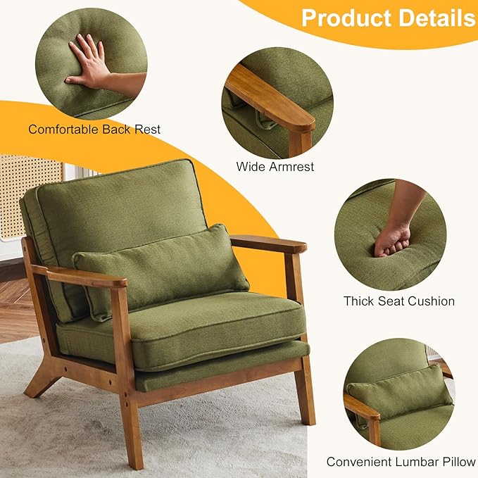Karl home Accent Chair Wide Armrest Mid-Century Lounge Chair Linen Fabric Armchair with Lumbar Pillow & Solid Wood Frame for Living Room, Bedroom, Balcony, Green