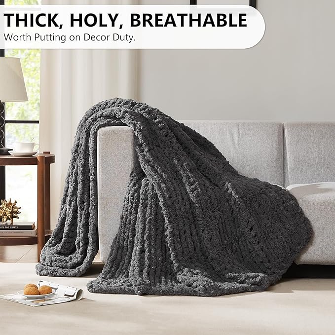 L'AGRATY Chunky Knit Blanket Throw - Soft Throw Blanket 60x80: 100% Hand Kintted Chenile Crochet Throw Blanket for Couch - Large Cable Knit Blanket for Home Decor(Dark Grey)