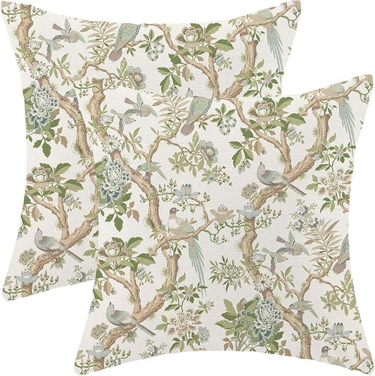 CXMEIFLY Chinoiserie Spring Pillow Covers 16 x 16 Inch Set of 2 for Sage Green Blue Vintage Flowers Bird Decor Throw Pillows Plant Farmhouse Outdoor Decorative Cushion Cases for Couch Bed Decorations
