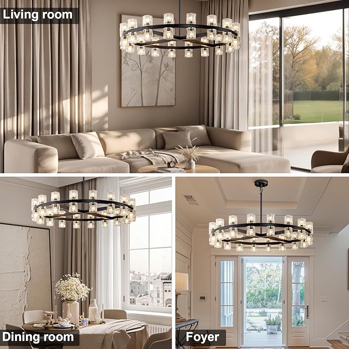 Modern Black Crystal Chandelier,36" K9 Crystal Chandeliers for Dining Room Over Table,Wagon Wheel Chandeliers for Dining Room,Living Room,Foyer,Includes 36XG4 Bulbs