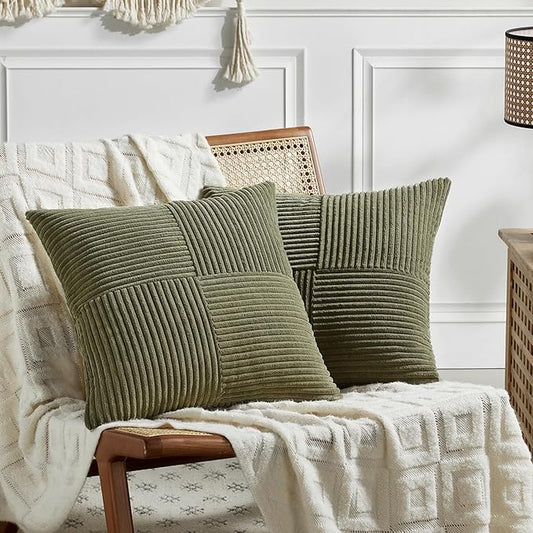 Fancy Homi 2 Packs Olive Green Samll Decorative Throw Pillow Covers 14x14 Inch with for Couch Bed Sofa, Rustic Farmhouse Boho Home Decor, Soft Corss Patchwork Corduroy Square Cushion Case 35x35 cm