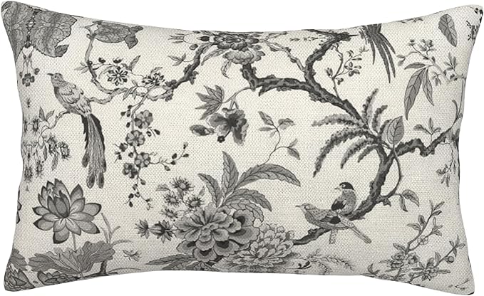 CXMEIFLY Spring Floral Birds Pillow Covers 12 x 20 Inch Set of 2 for Chinoiserie Flowers Decor Throw Pillows Black and White Plant Outdoor Decorative Cushion Cases for Couch Bed Decorations