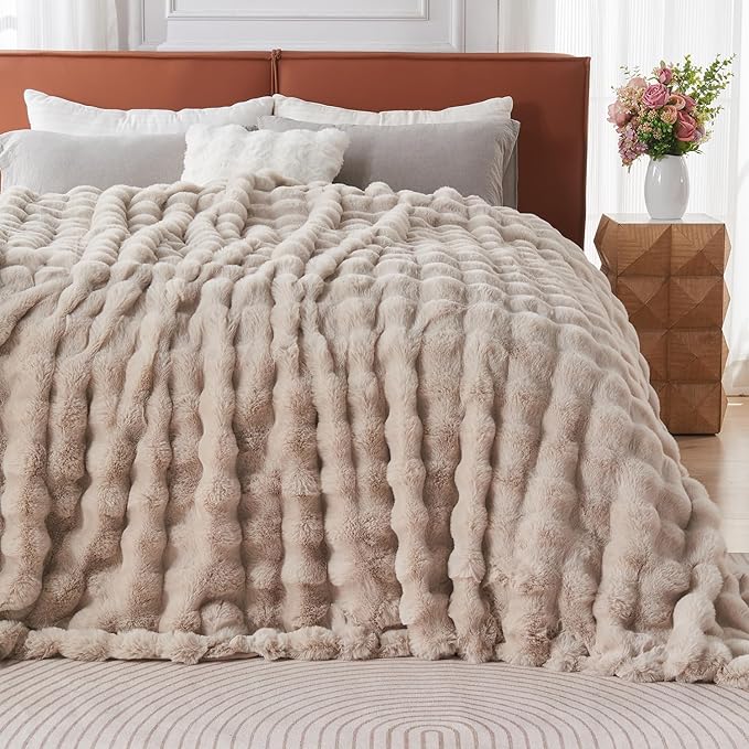 Lotus Karen Faux Fur Throw Blanket Linen - 800 GSM Bubble Rabbit Fluff Blanket for Couch Bed Sofa,Softest Fluffy Fuzzy Cozy Blanket,Thick Furry Plush Shaggy Warm Blankets for Women,108x90 Inches