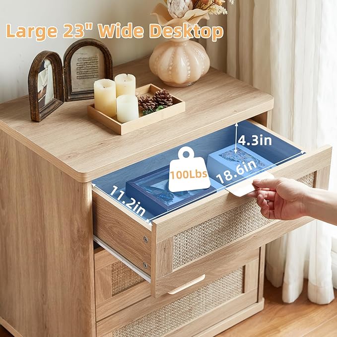 LEYAOYAO Boho Rattan Coffee Table and End Table Sets, 48" Wide Center Tables & 23" Night Stand with 3 Drawers, Natural Wood Coffee Table for Living Room 3 Piece Set