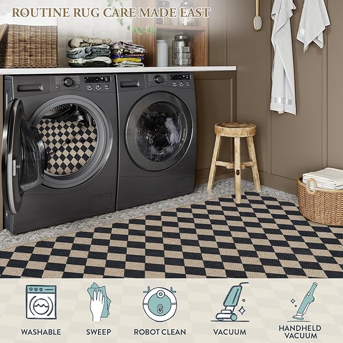 Lahome Checkered Dining Living Room Rug, 5x7 Washable Indoor Outdoor Easy Jute Rug, Farmhouse Neutral Diamond Non Slip Non Shedding Floor Carpet for Sunroom Deck Classroom Office