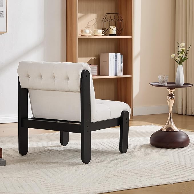 Modern Armless Accent Chair for Living Room, Beige Chenille Button Tufted Upholstered Lounge Reading Chair with Black Wood Frame