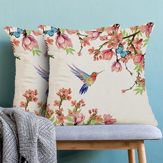 Hummingbird Flower Pillow Covers 20 x 20 Inch Set of 2 for Watercolor Floral and Birds Spring Blooming Decor Throw Pillows Nature Plant Outdoor Decorative Cushion Cases for Couch Bed Decoration