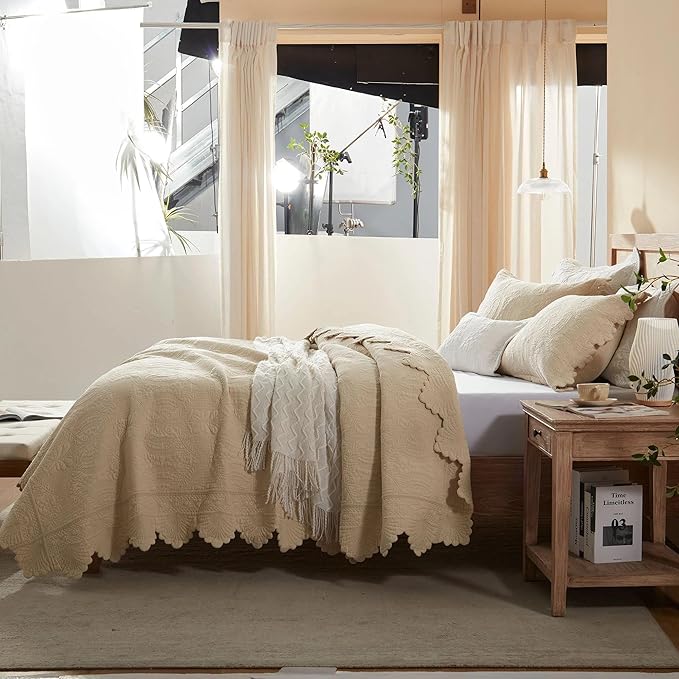 MarCielo 3-Piece 100% Cotton Oversized Bedspread Lightweight Quilt Coverlet Embroidery Farmhouse Bedding Set(TL Beige,Oversized King (118"x106"))