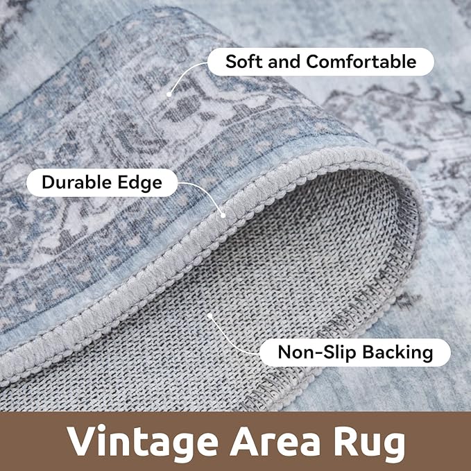 AMOAMI-Vintage Area Rug 5X7 Blue Rugs for Living Room-Soft Living Room Rug Non Slip Rugs for Bedroom Carpet Machine Washable Rug for Dining Room Bedside Office Room Decor