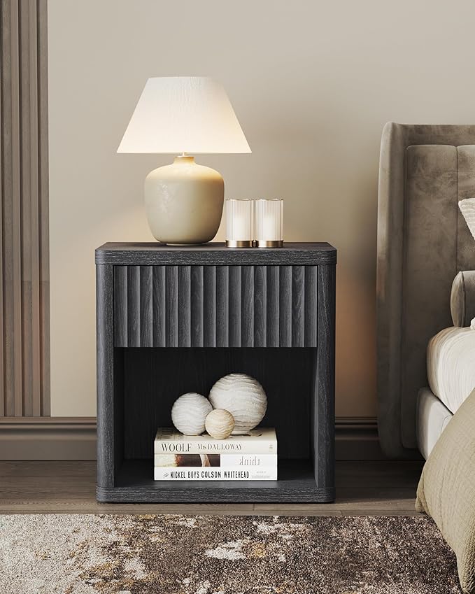 SICOTAS Night Stand Nightstand with Drawer Storage Fluted Bed Side Table End Table Large Modern Wide Bedside Mid Century Night Stands for Bedroom Living Room Sofa Couch Home Office, Dark Grey Alder