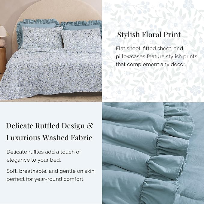 King Comforter Set - 7 Pieces Ruffle Blue Bedding Sets, Shabby Chic Farmhouse Bed in a Bag King with Ruffle Comforter, Floral Sheets, Pillowcases & Shams