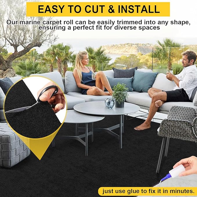 Marine Carpet,6 FT x 23 FT Black Indoor Outdoor Carpet 0.2" Thick Boat Carpet with Water-Proof TPE Backing, Non-Slide Outdoor Marine Carpet Roll for Home, Patio, Porch, Deck