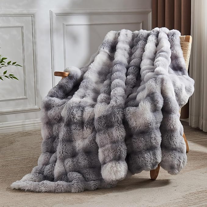 Lotus Karen Faux Fur Blanket - Tie-Dye Gray Twin Size, Big Bubble Rabbit Fluff, Thick Furry Plush Shaggy Blanket for Men, 60x80 Inches