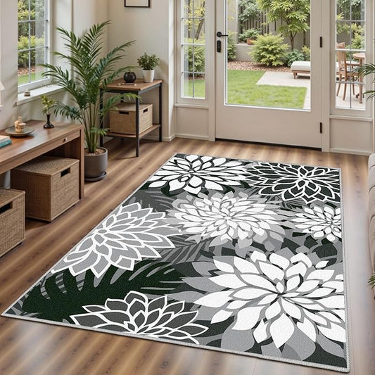 Area Rug 3x5 Black White Washable Entry Rug Multicolored Tropical Botanical Modern Floral Indoor Kitchen Door Mat Entrance Carpet Non Slip for Bedroom Living Room, Porch
