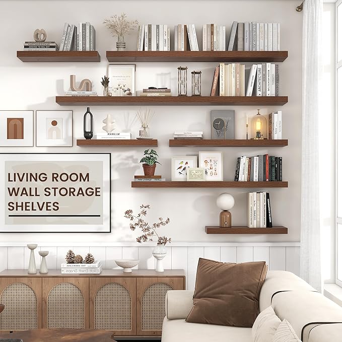 Floating Shelves for Wall, Large Wall Mounted Shelves with Invisible Brackets, Long Wood Floating Shelf for Living Room, Bedroom, Kitchen, (Walnut, 72" W x 9" D x 1.5" H)