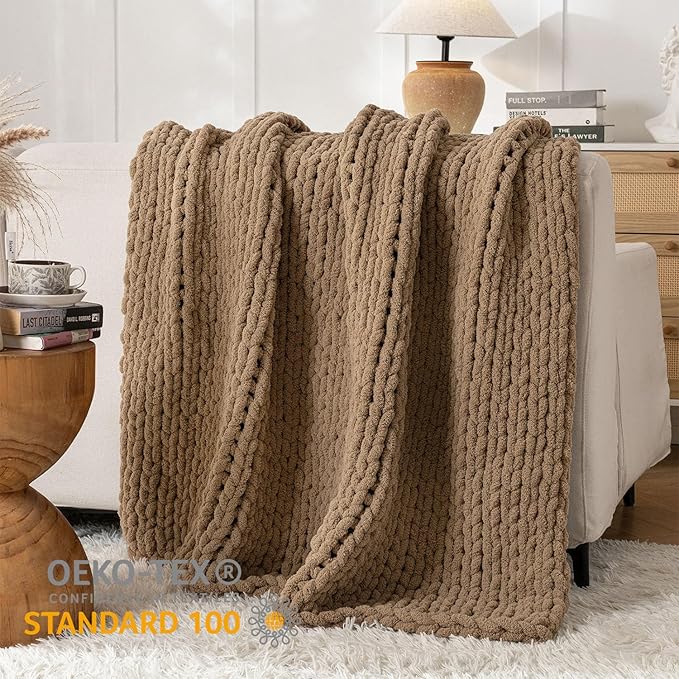 Chunky Knit Blanket Throw, 100% Hand Knit Throw Blanket Handmade Chenille Cable Knit Throw for Couch, Stylish Cozy Soft Rope Knot Crochet Blanket for Home Decor, Camel, 50x60 Inches