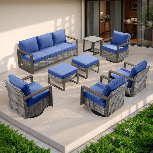 Outdoor Wicker Patio Furniture Set - 8 Piece Patio Conversation Set with 4 Wicker Swivel Rocker Chairs,2 Rattan Ottoman 1 Side Table and 1 Couch,Thick Cushions,Deep Seating(Mixed Grey/Blue)