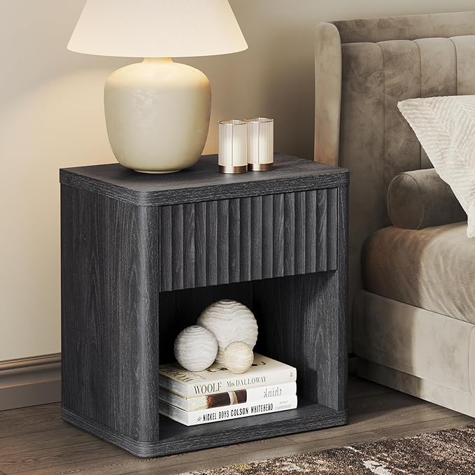 SICOTAS Night Stand Nightstand with Drawer Storage Fluted Bed Side Table End Table Large Modern Wide Bedside Mid Century Night Stands for Bedroom Living Room Sofa Couch Home Office, Dark Grey Alder