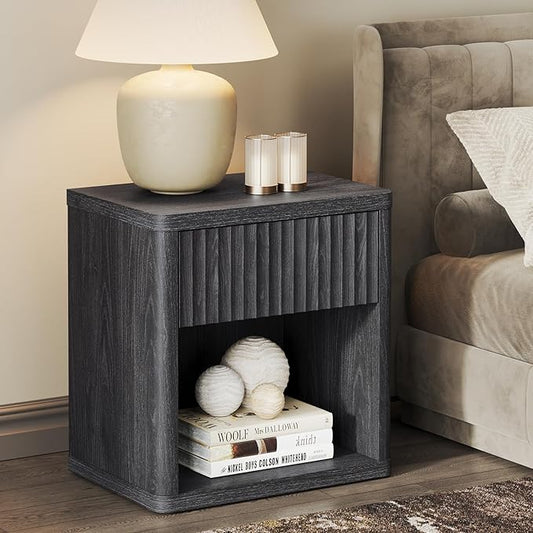 SICOTAS Night Stand Nightstand with Drawer Storage Fluted Bed Side Table End Table Large Modern Wide Bedside Mid Century Night Stands for Bedroom Living Room Sofa Couch Home Office, Dark Grey Alder