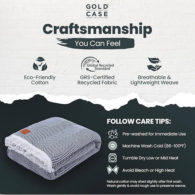 Gold Case Throw Blanket for Bed – 100% Recycled Turkish Cotton Bed Blanket – Decorative Throw Cotton Blankets for Living Room & Bedroom – Woven Twin Blankets - 71x90 - Navy Blue