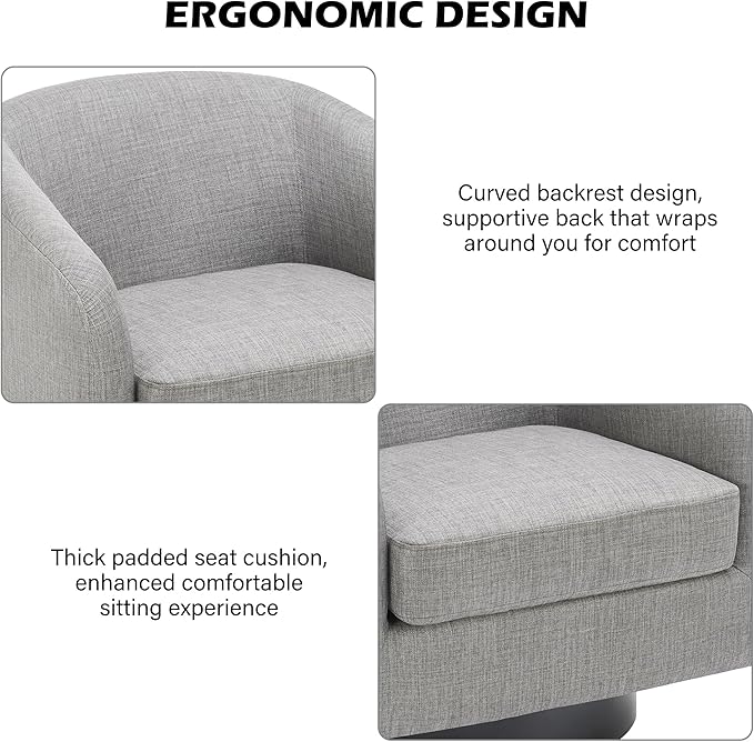 Swivel Barrel Accent Chair, Modern Round Linen Arm Chair for Living Room, Bedroom, Comfy Club Reading Chairs for Adults（Linen Fabric, Light Grey, Set of 1