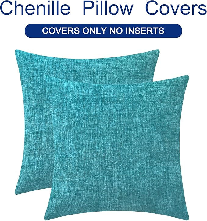CaliTime Throw Pillow Covers Decorative 22 X 22 Inches Pack of 2 Cozy Chenille Cushion Cases for Couch Sofa Bed Living Room Home Lake Blue