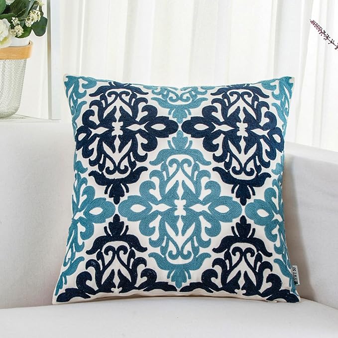 HWY 50 Blue Decorative Throw Pillow Covers 18x18 Inch (1 Piece), Embroidered Cotton Farmhouse Cushion Cover Pillow Case for Sofa Couch Living Room Bed Bedroon, Floral Geometric