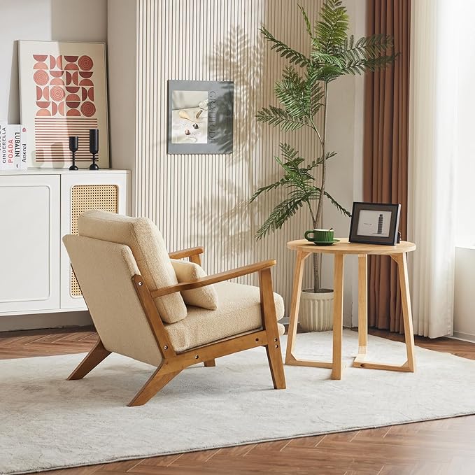 Karl home Accent Chair Wide Armrest Mid-Century Lounge Chair Teddy Fleece Armchair with Lumbar Pillow & Solid Wood Frame for Living Room, Bedroom, Balcony, Khaki