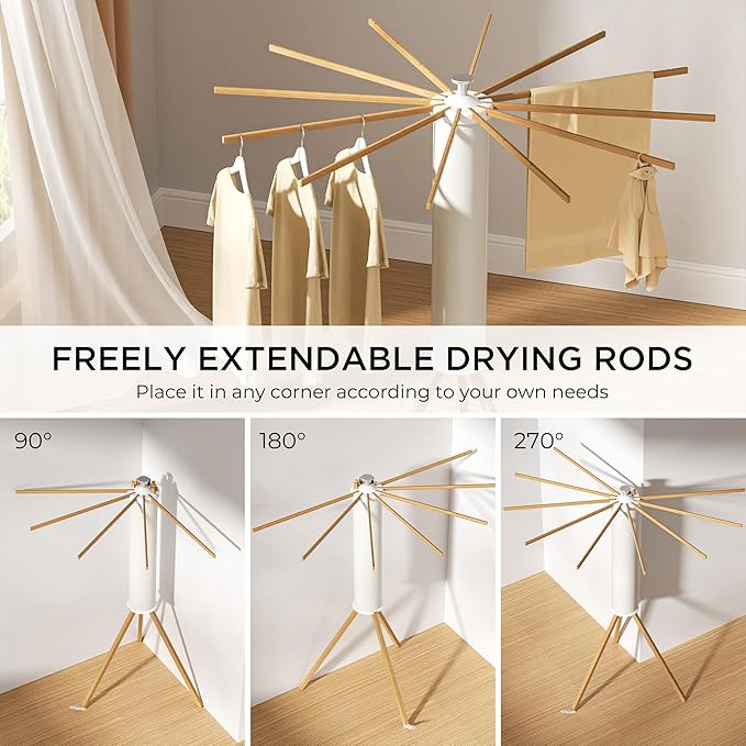 Tripod Clothes Drying Rack, Garment Rack Portable and Foldable Space Saving Laundry Drying Rack - Dryer Rack Clothing Floor Folding Balcony Bedroom Household (Beige(Wood), 12 rods)