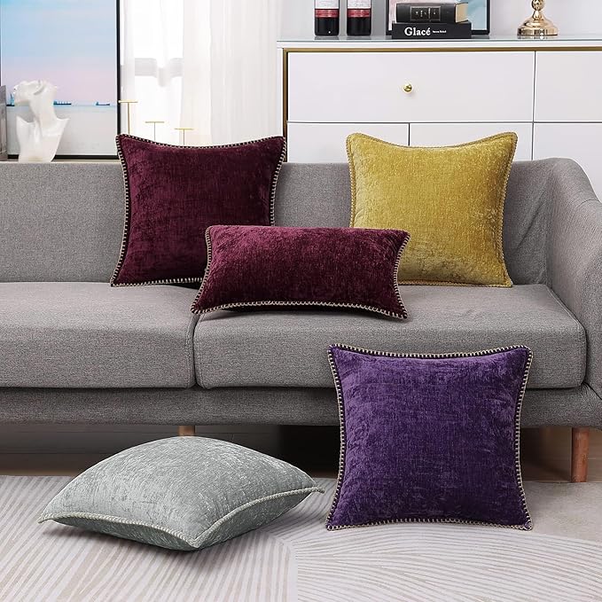 decorUhome Chenille Soft Throw Pillow Covers 12x20 Set of 2, Lumbar Velvet Farmhouse Neutral Decorative Euro Pillow Covers with Stitched Edge for Couch Sofa Bed Home Decor, Rhododendron