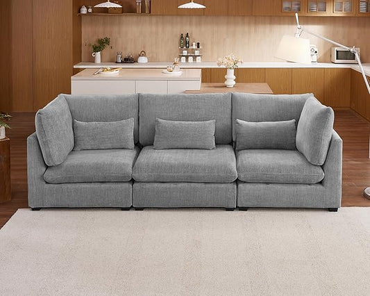 Oversized Modular Sofa, Extra Deep Cloud Chenille Sectional Couch with Ottoman Chaise, Fluffy Chenille 3 Seater Sofa for Living Room, Villa (Basic 3 Seater, Chenille Grey)