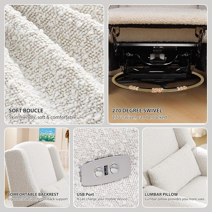 Power Recliner Chair Swivel Glider, Large Rocker Recliner w/USB Charging Port, Boucle Upholstered Swivel Rocker Glider Recliner for Nursery,Bedroom,Living Room, 1PC, Cream