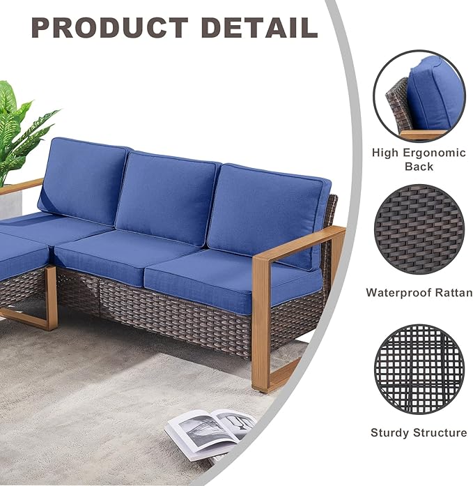 Outdoor Wicker Patio Furniture Set - 5 Piece Patio Conversation Set with 2 Wicker Armrest Chairs,2 Rattan Ottoman and 1 Couch,Sturdy Frame,Thick Cushions,Deep Seating(Brown/Blue)