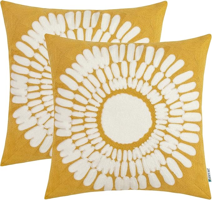 HWY 50 Mustard Yellow Decorative Throw Pillow Covers 18x18 Inch, Pack of 2 Embroidered Cotton Farmhouse Cushion Cover Pillow Case for Sofa Couch Living Room Bed Bedroon, Sunflower Design