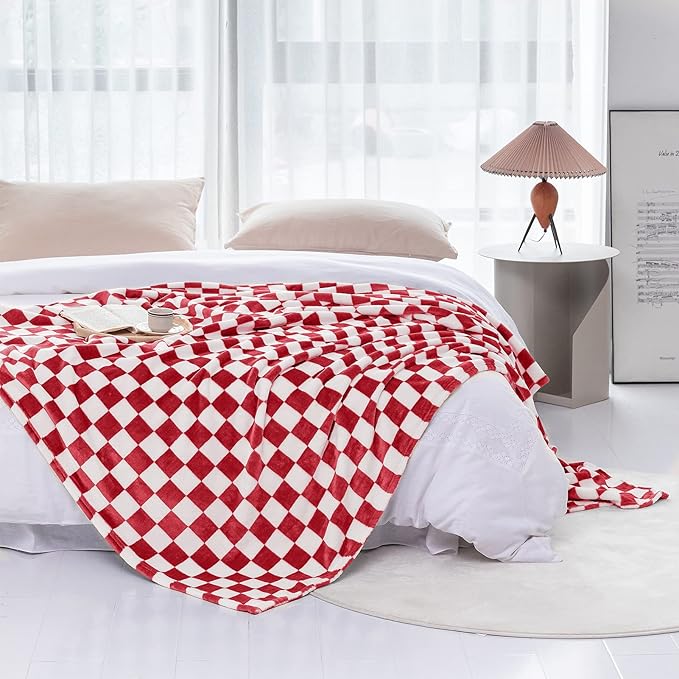 LOMAO Throw Blankets Flannel Blanket with Checkerboard Grid Pattern Soft Throw Blanket for Couch, Bed, Sofa Luxurious Warm and Cozy for All Seasons (Red, 50"x60")