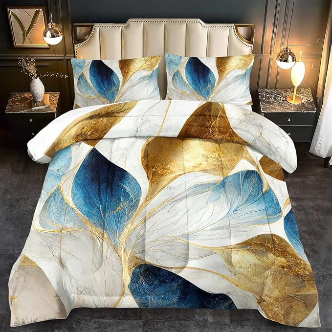 Vintage Floral Comforter Set King Size Women,Marble Flower Bedding Set King,Marble Blue Flower Bed Comforter,Blue and Gold Floral Quilt Bedroom Decor for Kids and Adults