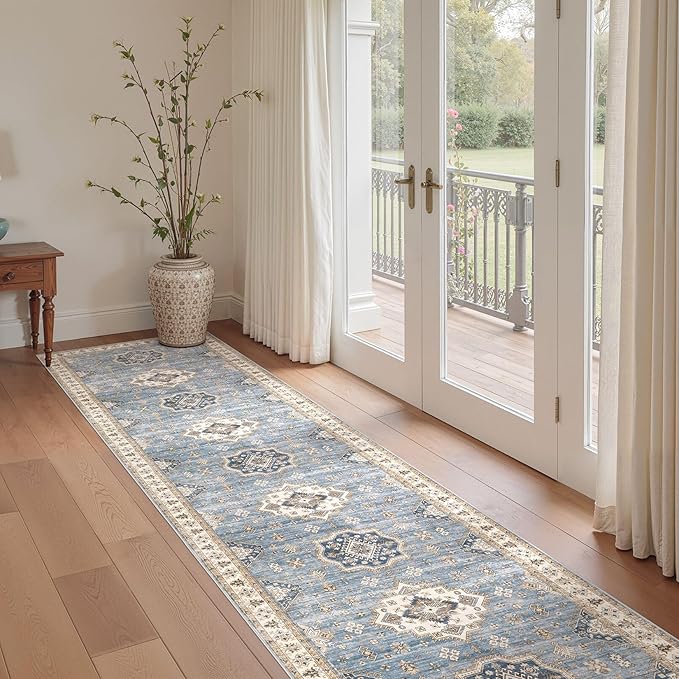 Washable 2.6x12 Runner Rug - Area Rugs Neutral Vintage Distressed Floral Farmhouse Boho Large Soft Floor Rug Indoor Carpet for Hallway Entryway Kitchen Home - Blue