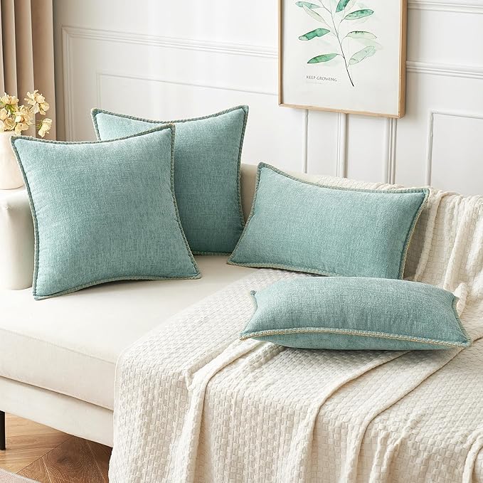 MIULEE Pack of 2 Couch Throw Pillow Covers 18x18 Inch Coastal Aqua Blue Farmhouse Decorative Pillow Covers with Stitched Edge Soft Chenille Solid Dyed Spring Pillow Covers for Sofa Bed Living Room