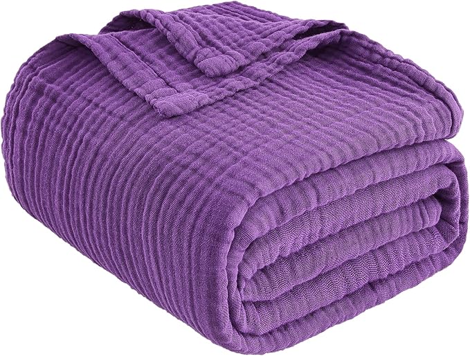 EMME Cotton Muslin King Blanket Bed Layering Breathable Gauze Blanket Soft Lightweight Blankets Adults (Purple, 108"x90")