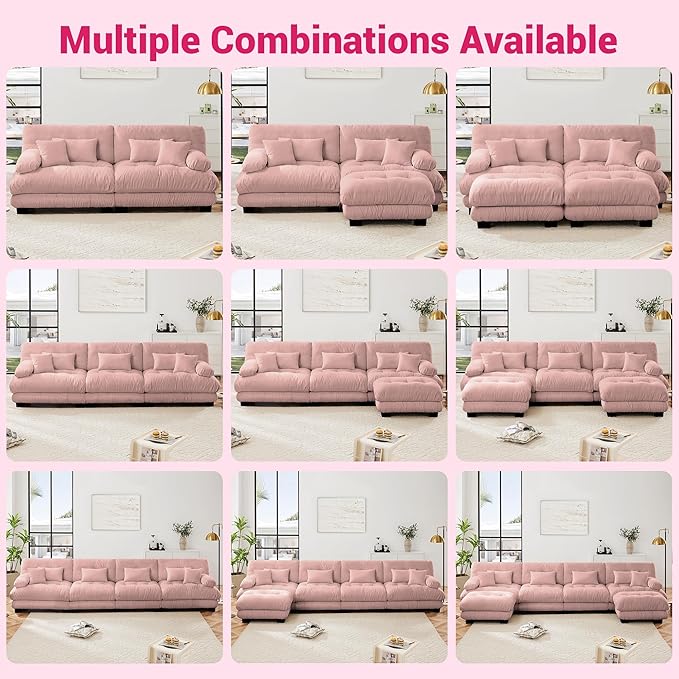 U Shaped Couch Sectional Couch, 3-Seater Cloud Couch Sectional Oversized Couch, Sofa Bed Couch with Round Bolster Armrests 5 Pillows, Modular Couch Home Sofa Living Room Couch(Pink)