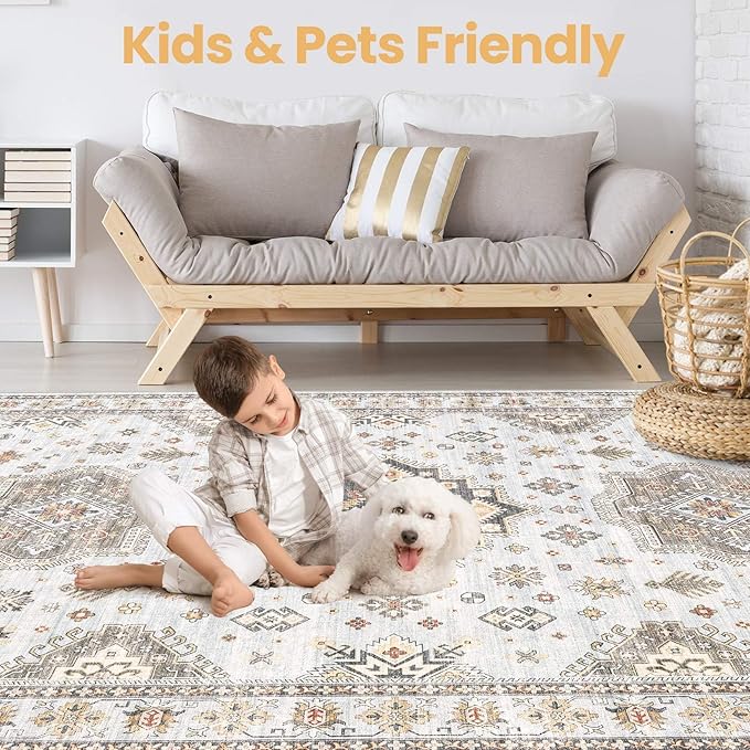 Washable Area Rugs for Living Room - 7x9 Neutral Vintage Distressed Floral Farmhouse Boho Large Soft Floor Rug Indoor Non Slip Carpet for Living Room Bedroom Dining Room Office - Blue Brown