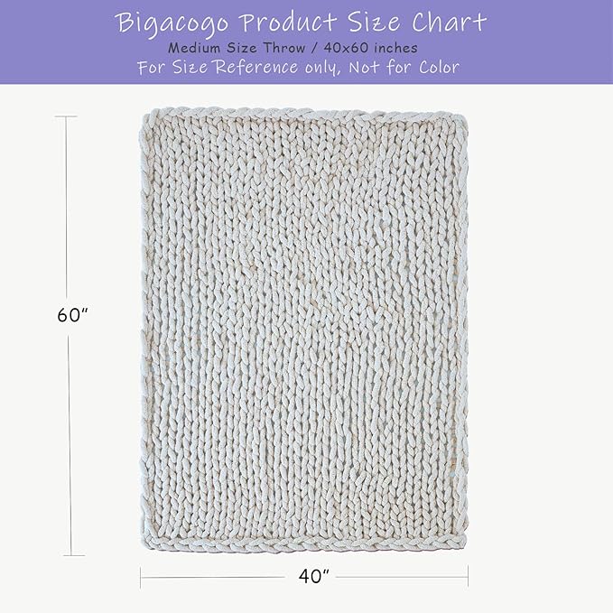 Bigacogo Chunky Knit Throw Blanket for Couch, 40x60 inches, 100% Hand Knitted with Thick Jumbo Chenille Yarn, Cozy Soft Large Rope Knot Cable Crochet Blankets for Sofa Bed Living Room, Ivory