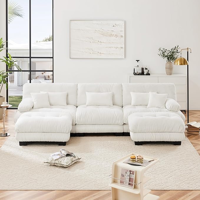 U Shaped Couch Sectional Couch, 3-Seater Cloud Couch Sectional Oversized Couch, Sofa Bed Couch with Round Bolster Armrests 5 Pillows, Modular Couch Home Sofa Living Room Couch(White)