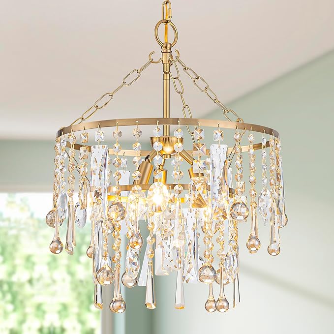 3-Lights K9 Crystal Chandeliers, Luxury Vintage Pendant Light Fixture for Dining Room, Living Room, D15*H20.4~66.8 inch (Adjustable), Clear Crystal & Gold Finish